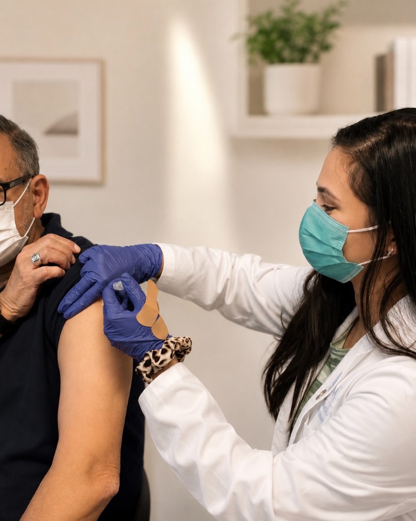 Pharmacist in a white coat administering a vaccine to a patient